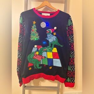 Light Up Disco Dinosaur Christmas Sweater